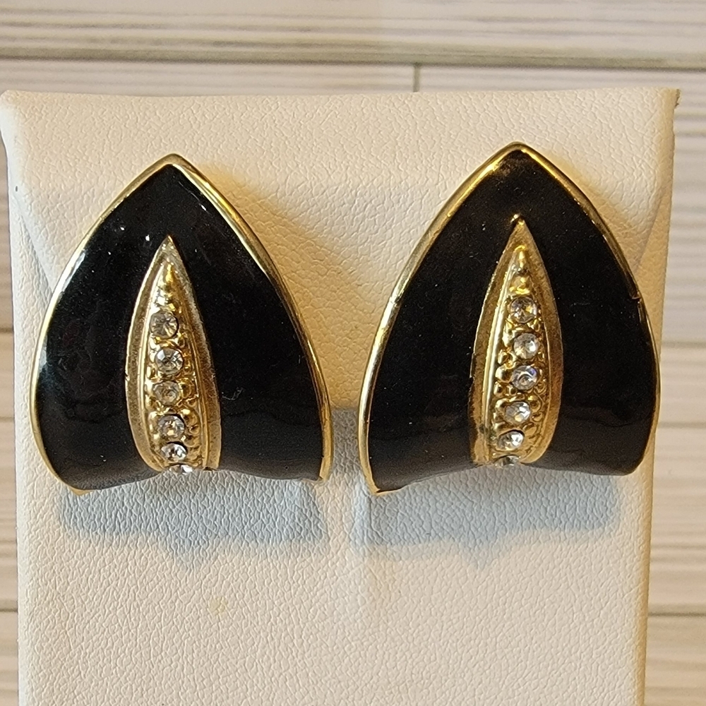 Vintage Black Enamel Gold Tone Rhinestone Statement Clip On Earrings